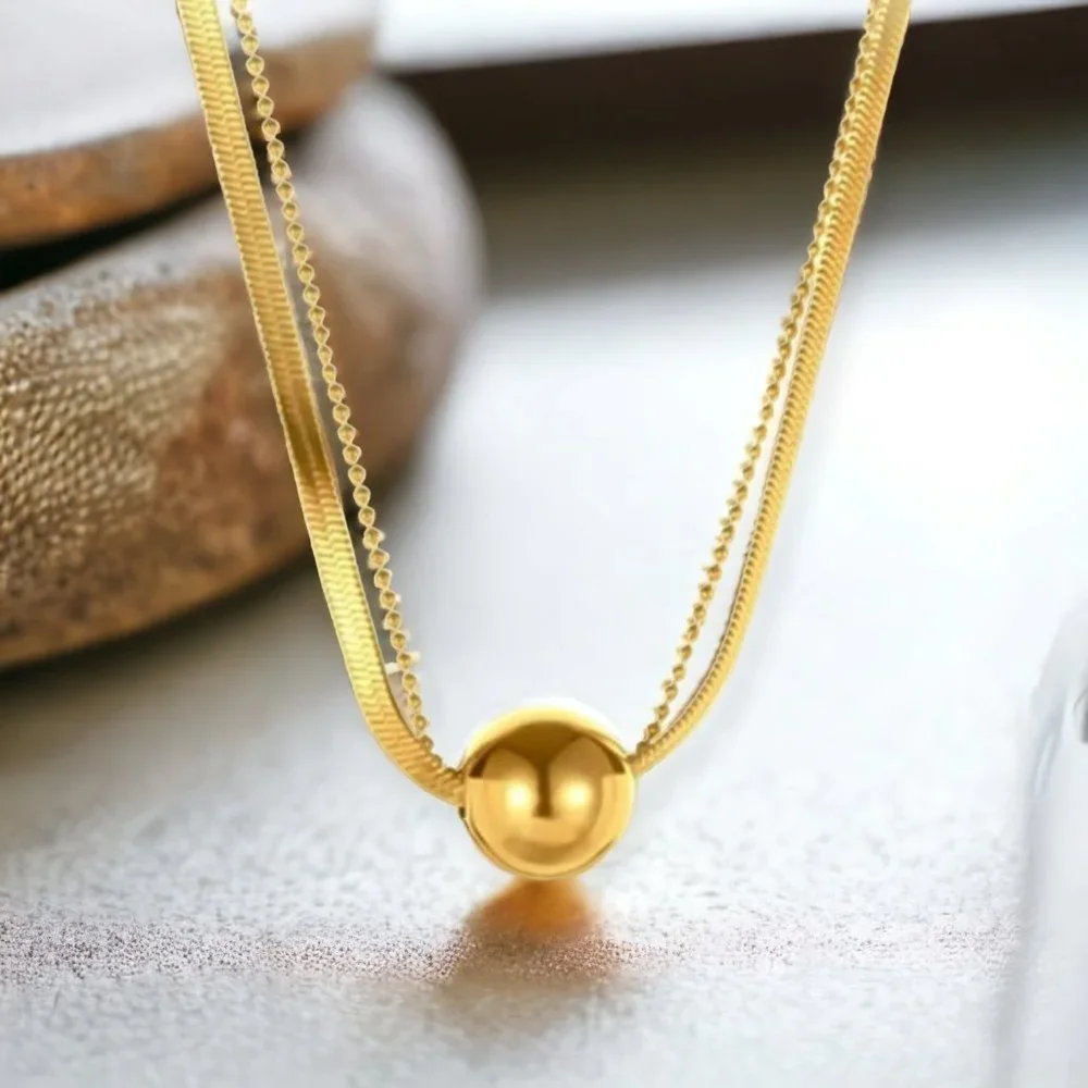 🆕️ 18K Gold Plated Stainless Steel Double-Layered Necklace With Sphere Charm - Picture 5 of 8